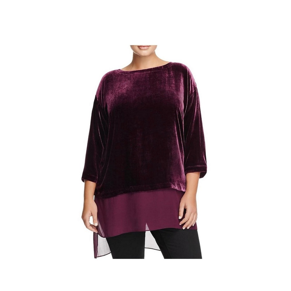 Eileen Fisher Raisonette Bateau Neck Velvet Sheer Hi-Lo Hem Top Size‎ Large